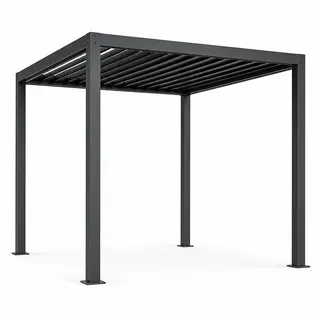 louvered pergola over an outdoor patio dining area