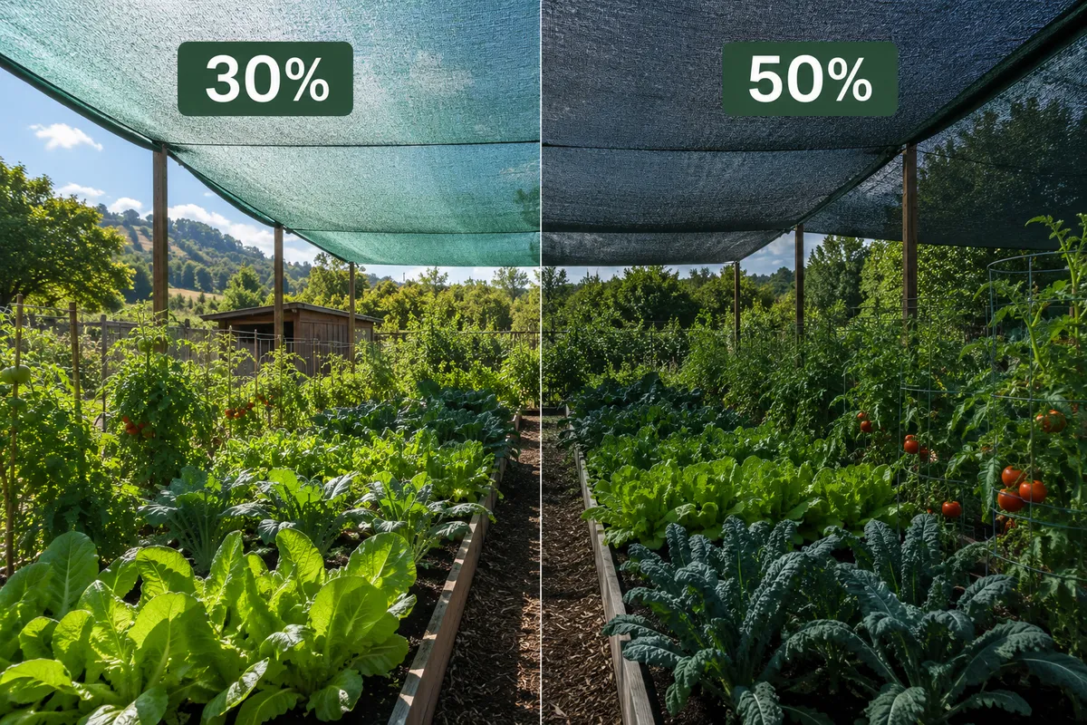 Raised garden shade net on hoops over vegetable beds with leafy crops underneath