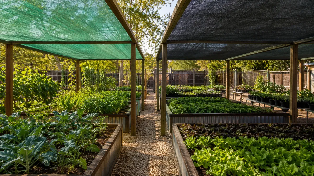Container seedlings growing under overhead shade cloth at a nursery