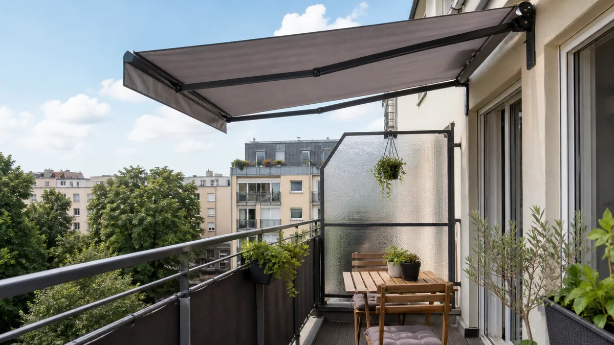 Apartment balcony with a blue shade canopy above potted plants and railing