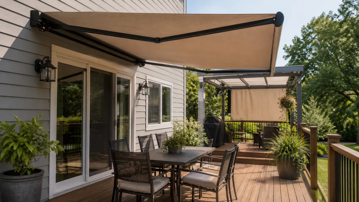 House exterior with an elevated deck and green overhead shade