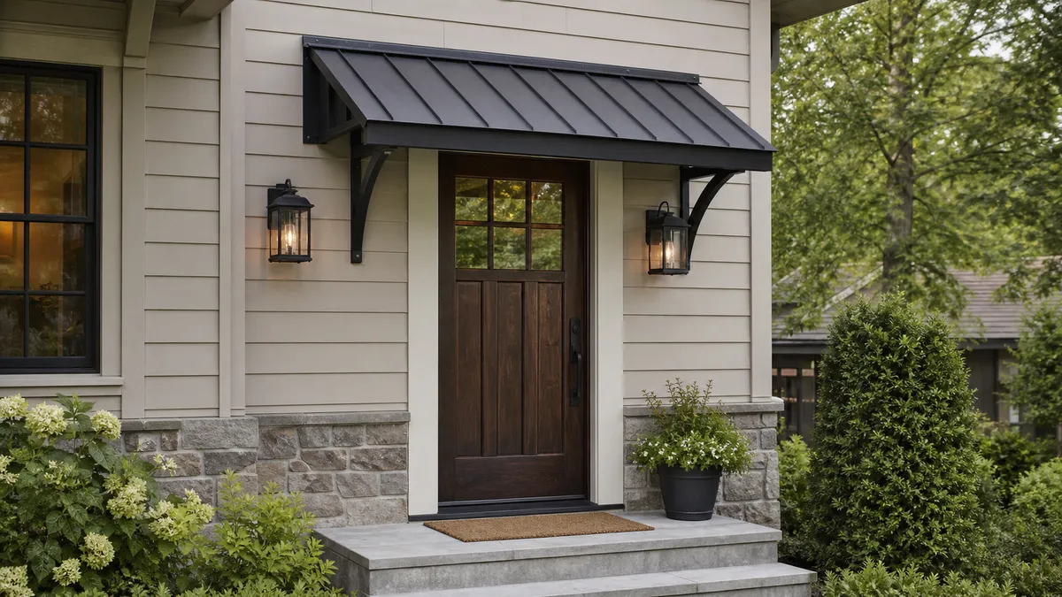 Zinc canopy projecting above a front door entry