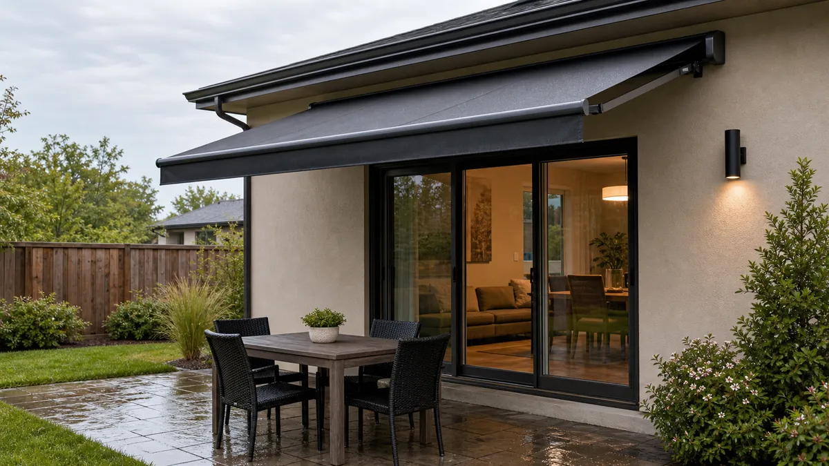 covered patio beside a glass door where awning clearance and projection need planning