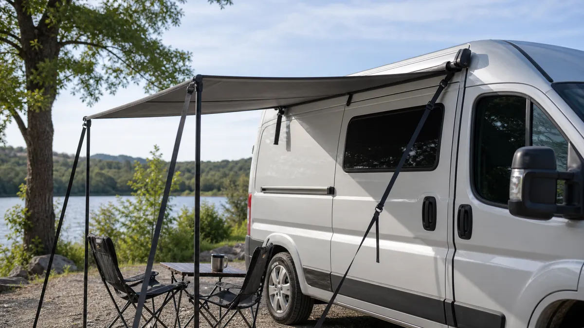Parked campervan with a side awning extended at camp