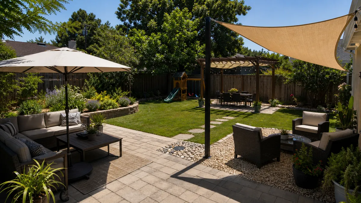 Backyard seating area with lawn, planting and overhead shade