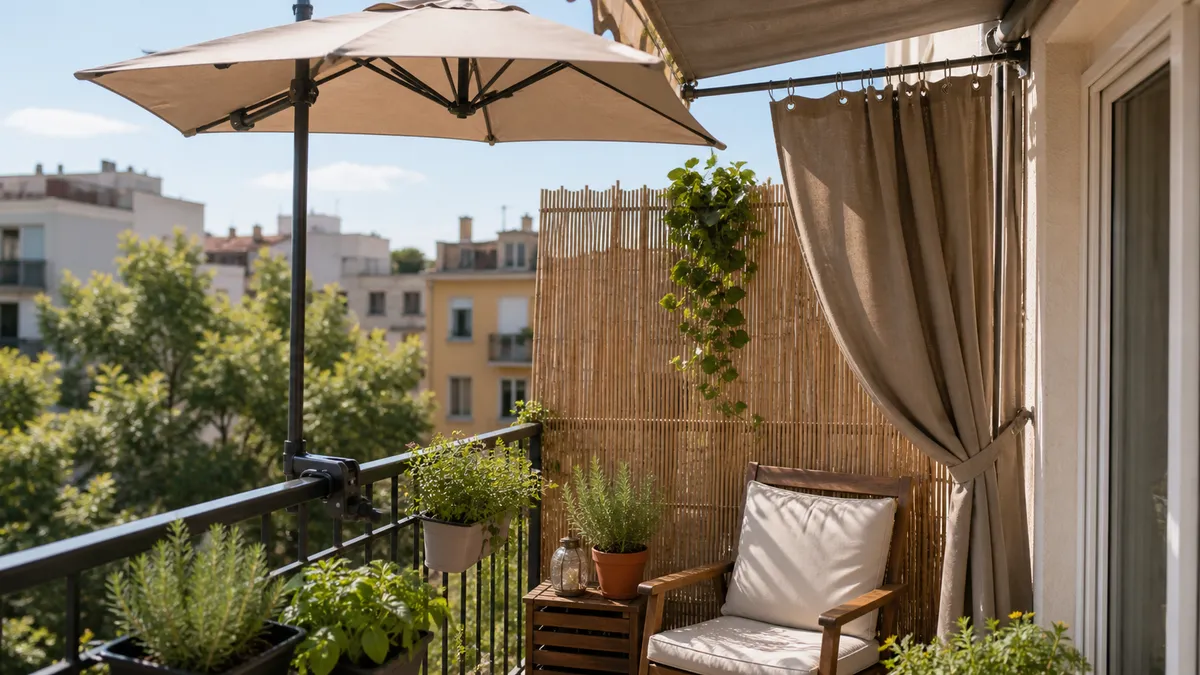 Apartment balcony with fabric shade above plants and a railing