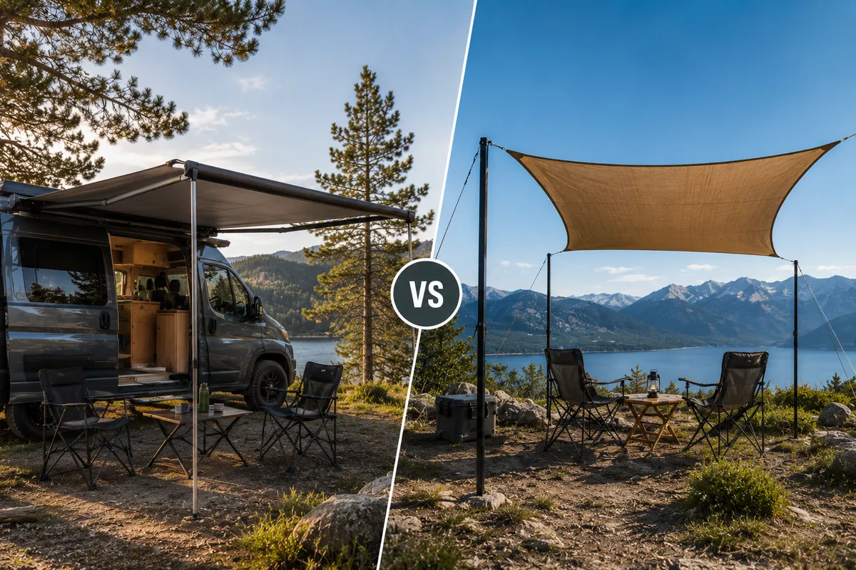 Small campervan with pop-up roof, deployed side awning, outdoor table and chair.