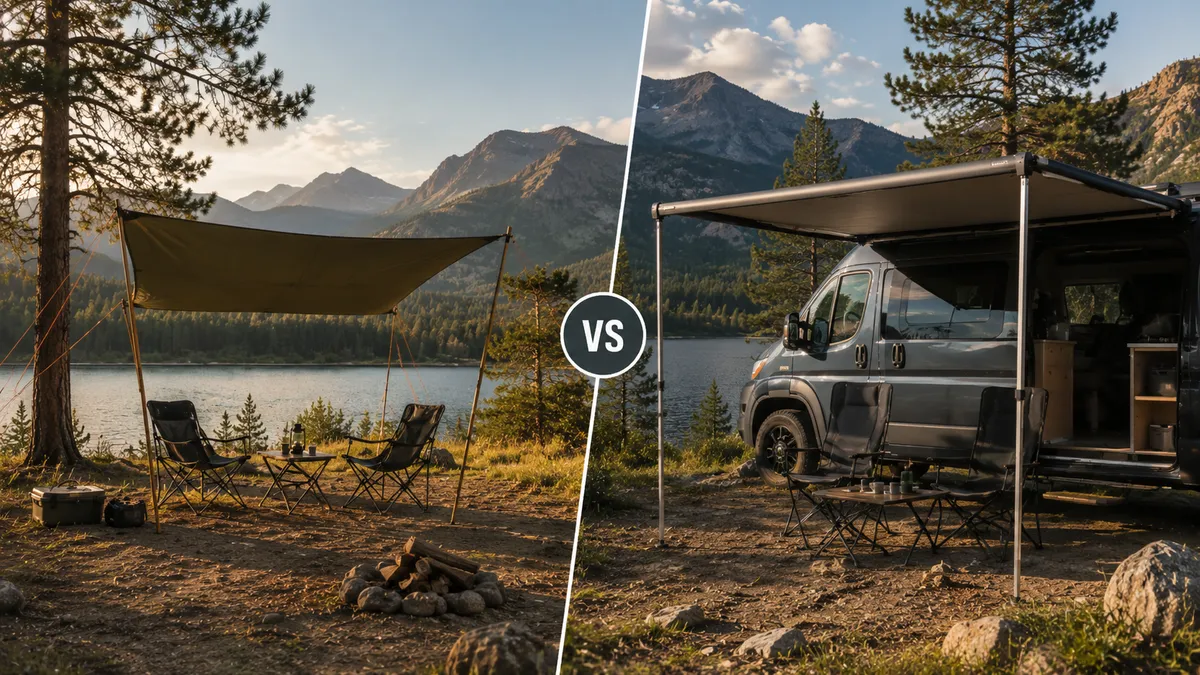 Campervan at camp with a deployed side awning, table and chair.