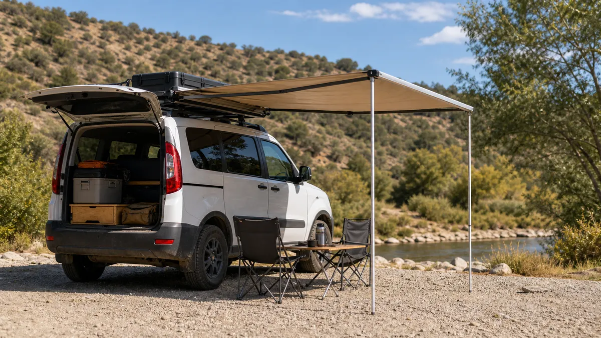 SUV parked in a grassy campsite with a side awning shelter attached to the roof rack.