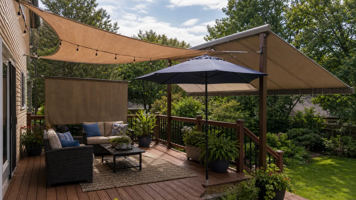 Raised deck with railing, stairs and shade sail canopy