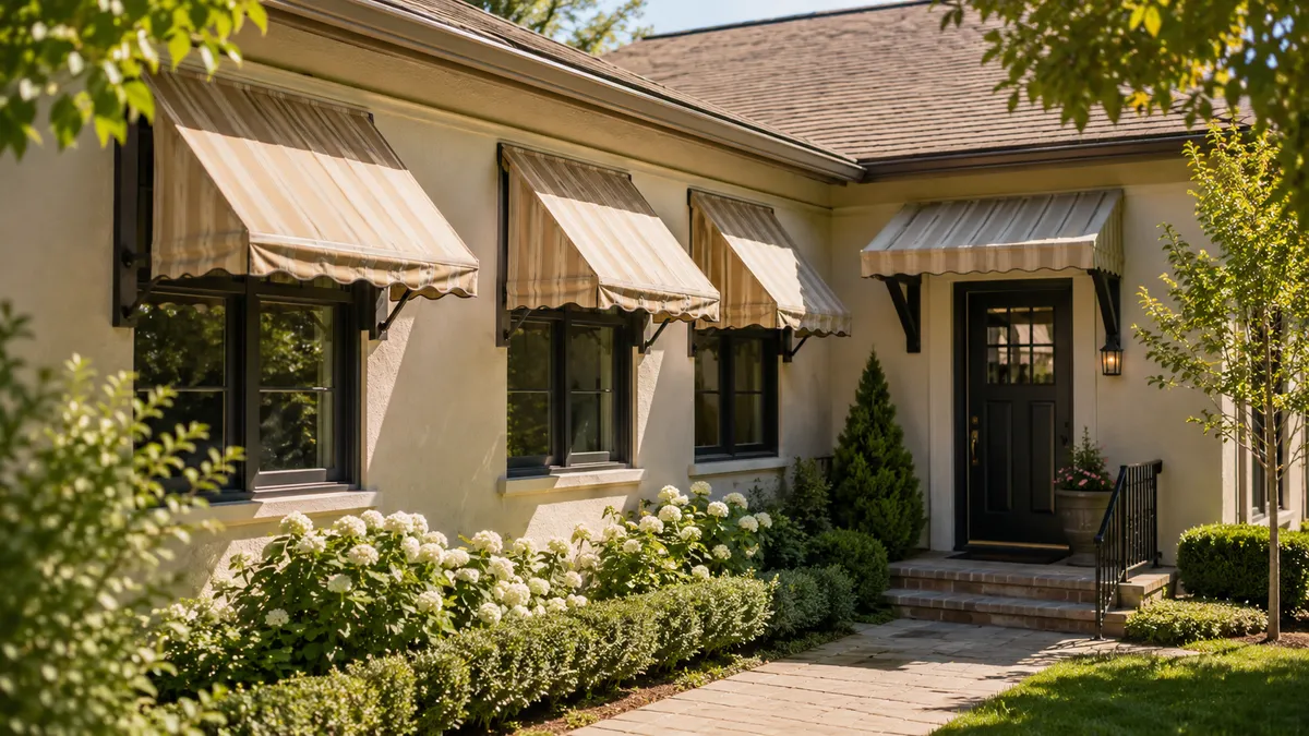 zinc canopy projecting above a front door entry