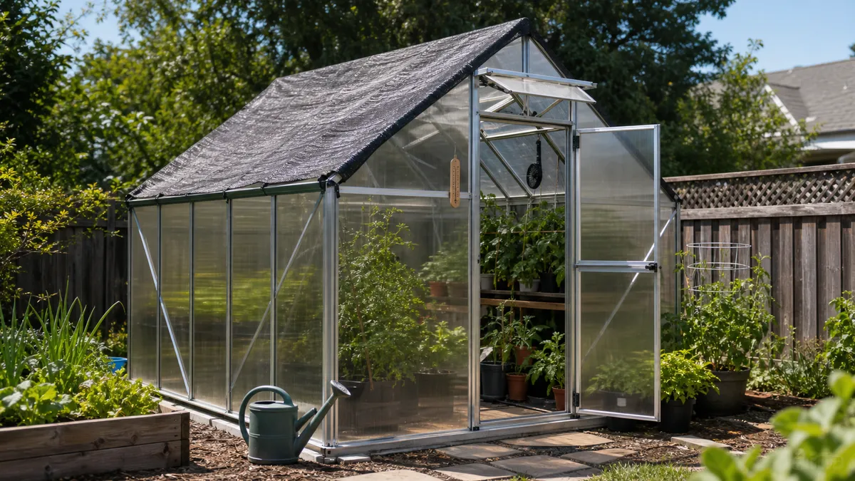 ventilated greenhouse with leafy crops under a translucent roof and shaded sides