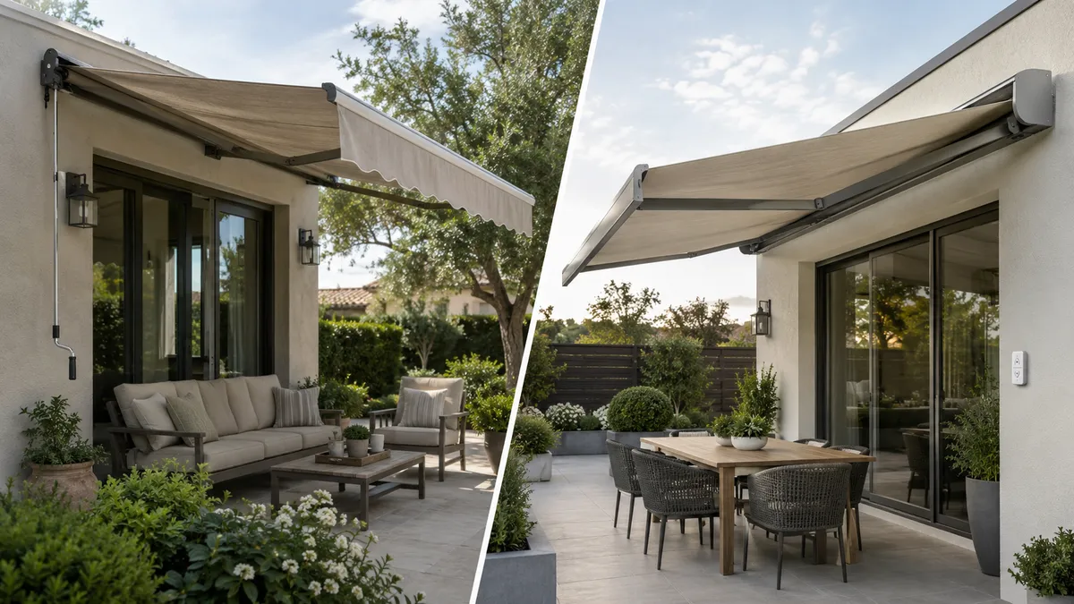 large wall-mounted awning extended over patio lounge seating beside a house