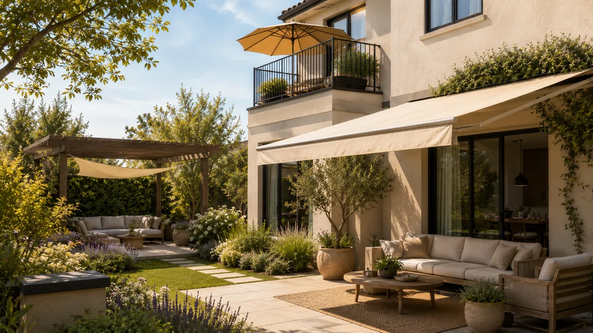 patio and garden seating with outdoor shade