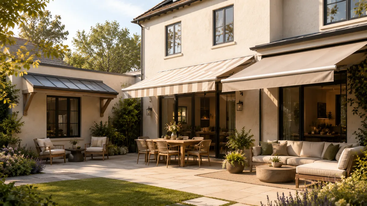 Wall-mounted patio awning extended above outdoor seating beside a house