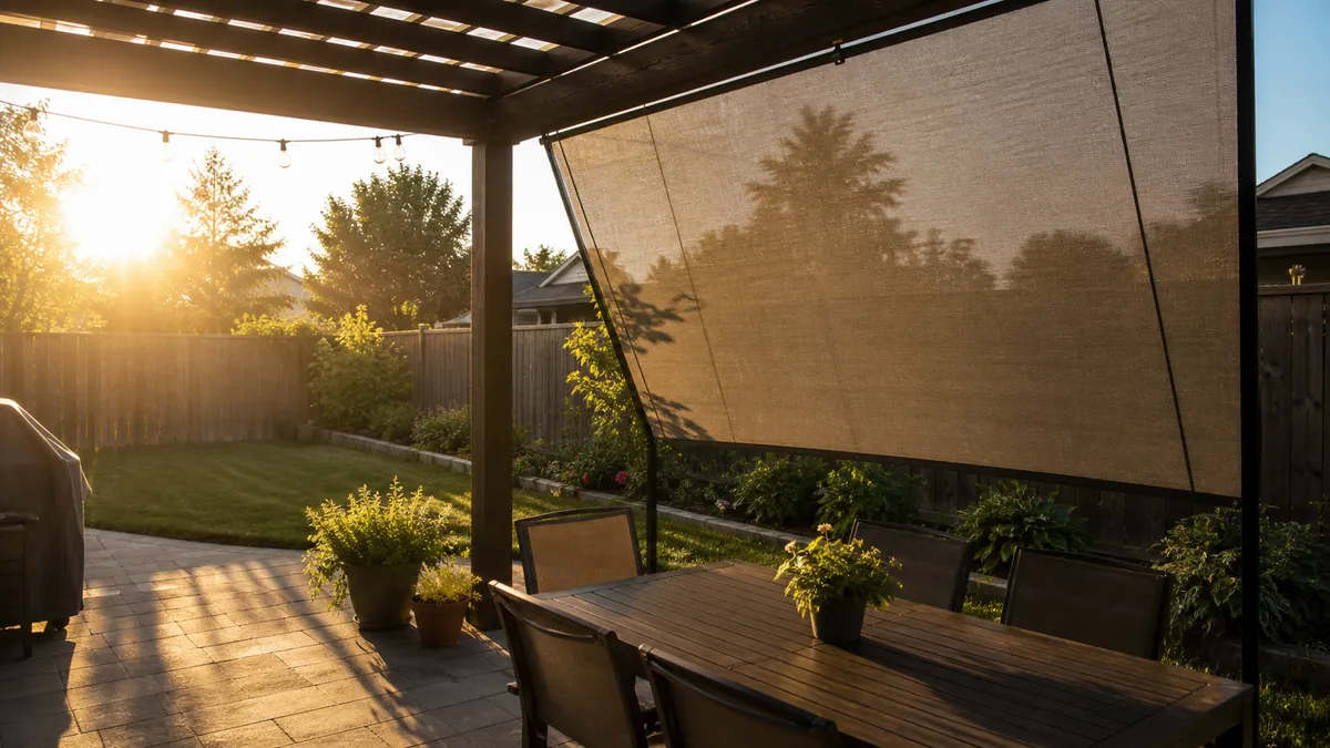Patio seating beside a house with late-day light reaching under the cover.