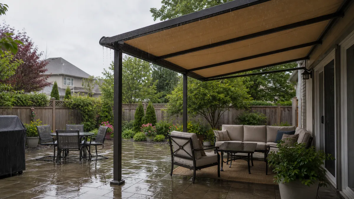 Covered backyard patio with seating under a pergola canopy.