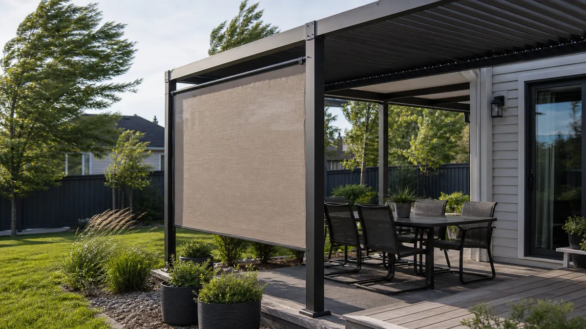 Backyard patio seating with an umbrella near a house.