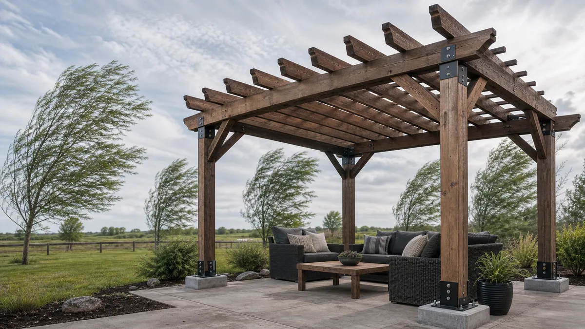 open backyard pergola exposed to wind with posts and roof slats visible