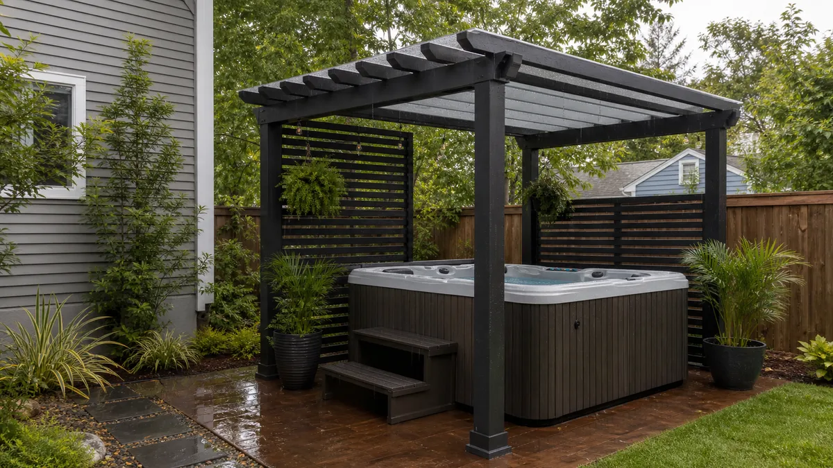 outdoor hot tub on a deck with space around it for cover and service access