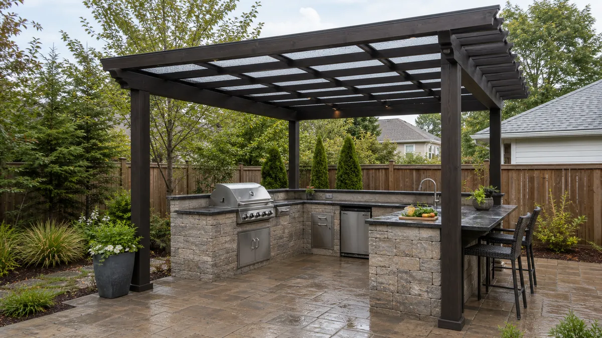 open pergola beside an outdoor cooking and dining patio