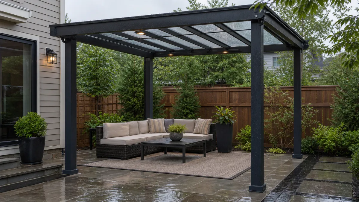 covered patio pergola with dining area and roof drainage context