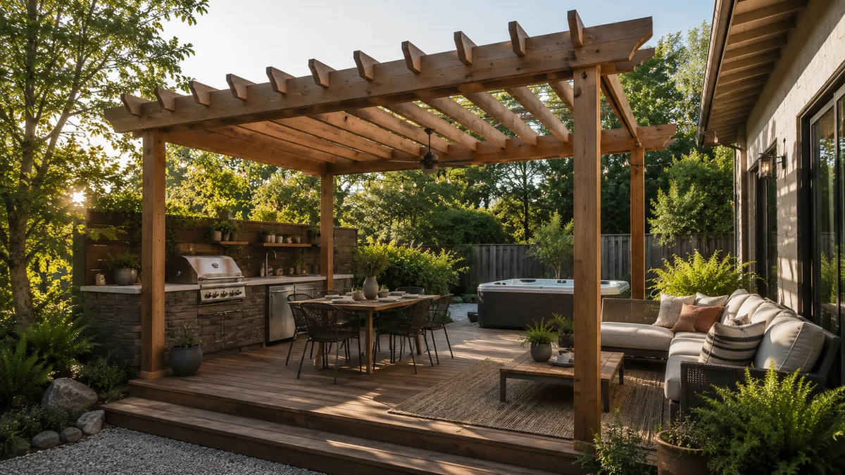wood pergola over a backyard patio seating area