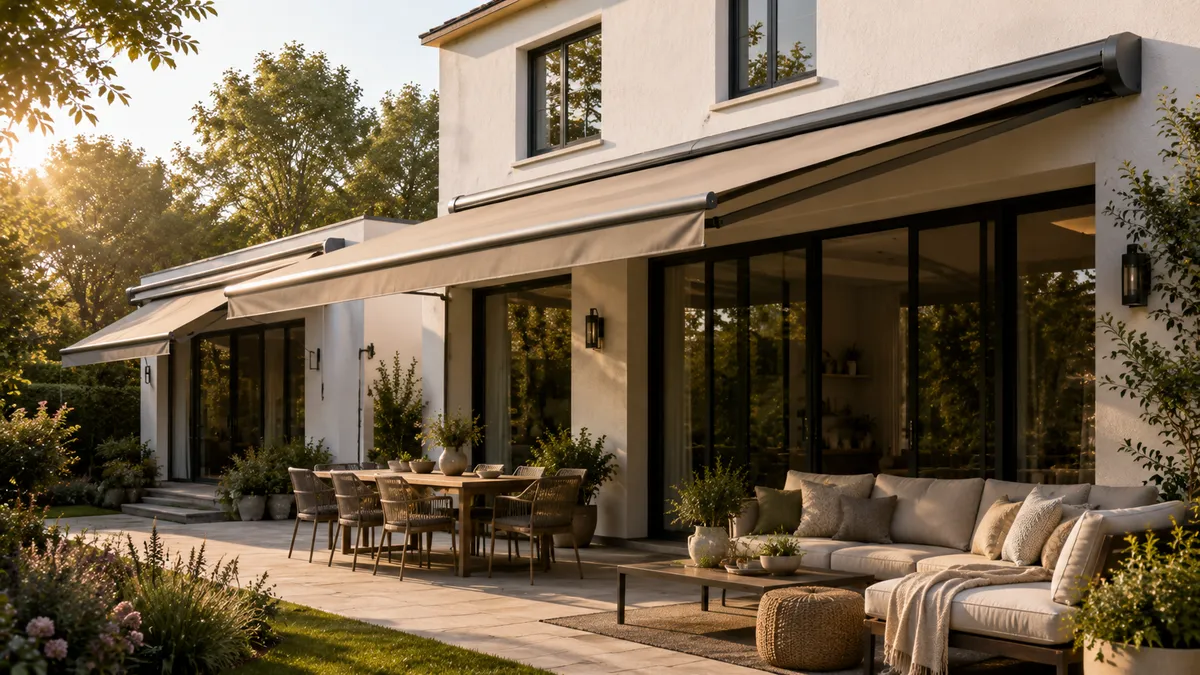 Wall-mounted adjustable awning extended over patio seating beside a house