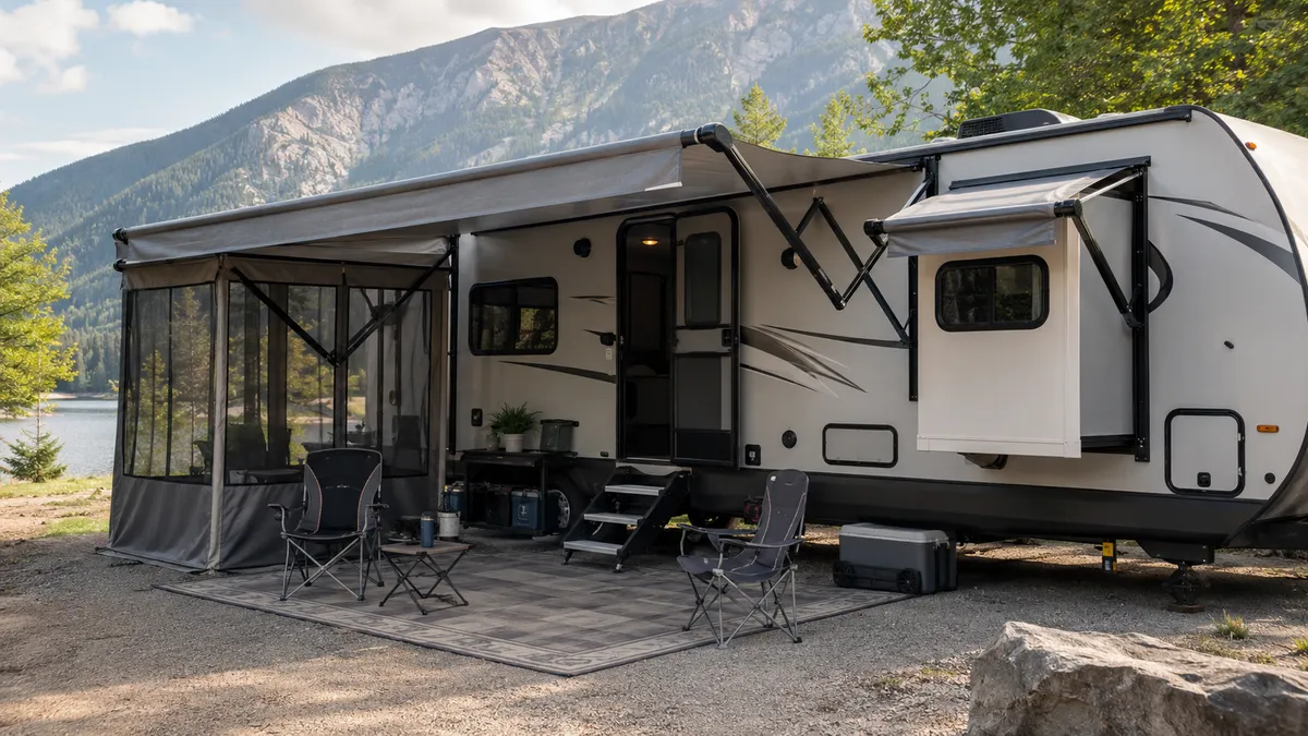 Caravan awning attached to the side of a trailer, showing the covered patio area beside the vehicle