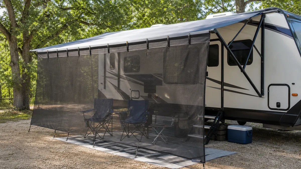 Caravan awning attached to the side of a trailer at a caravan exposition