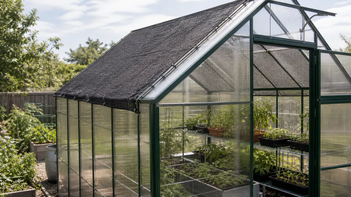 greenhouse roof and growing benches under translucent cover