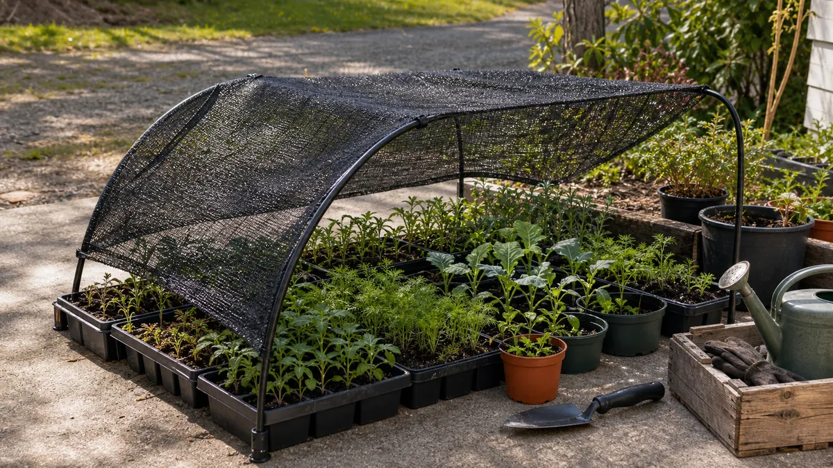 Container seedlings growing under shade cloth at a nursery