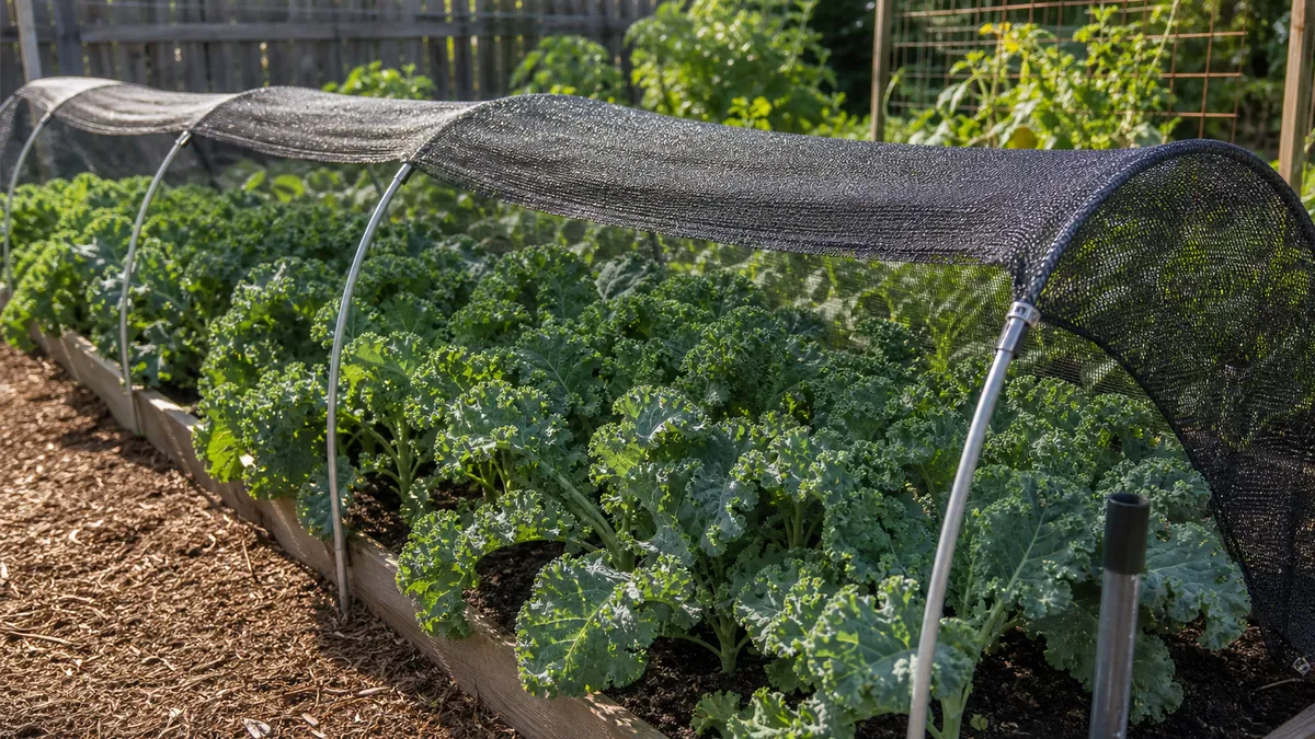Kale and cabbage growing in raised garden beds