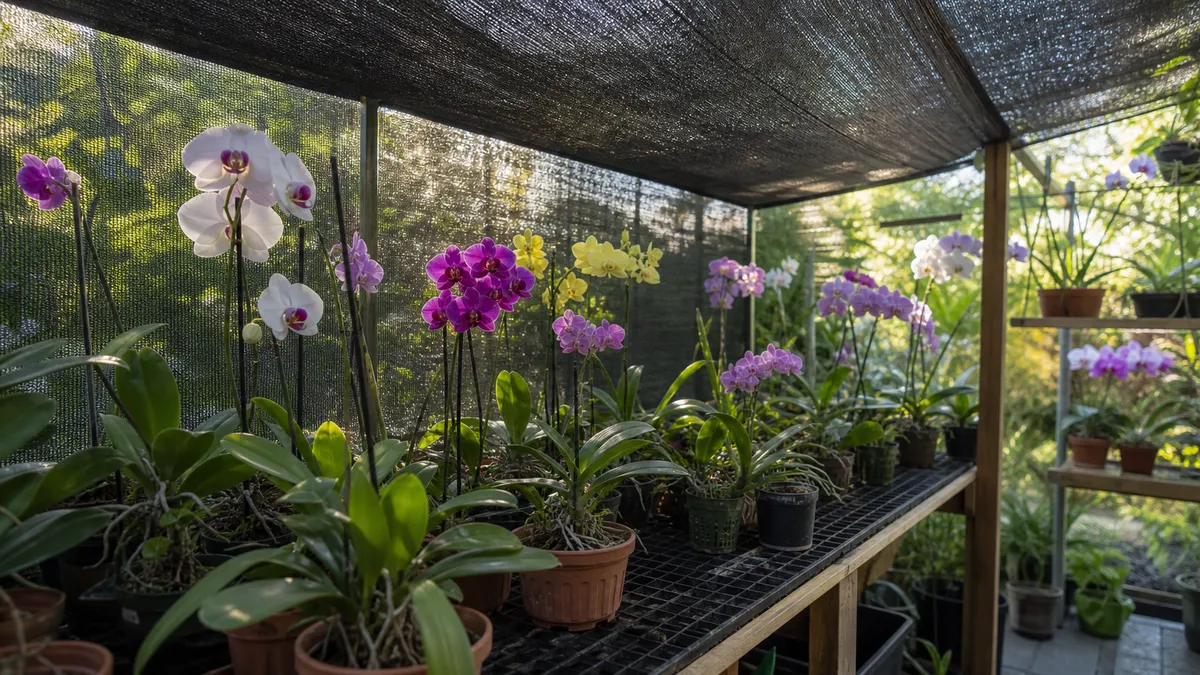 Orchid greenhouse bench with flowering orchids under filtered greenhouse light