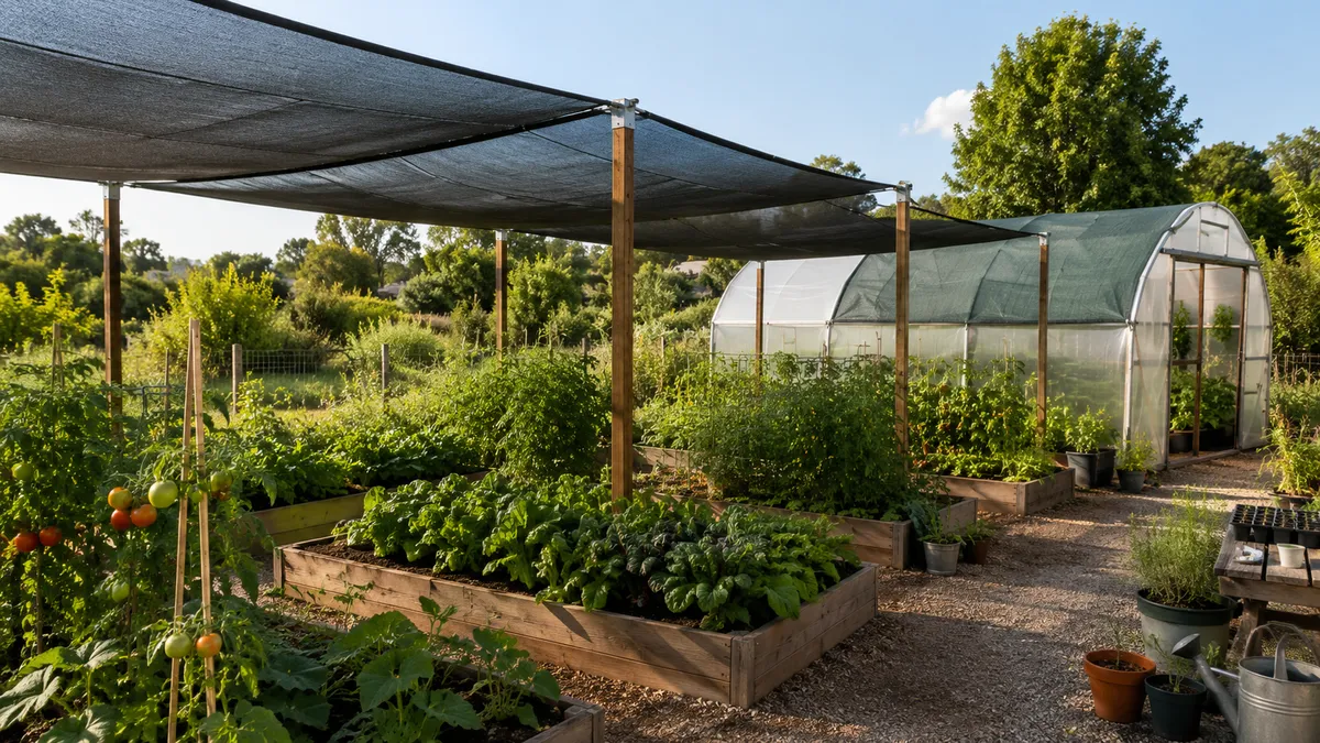 vegetable garden beds and greenhouse planting area