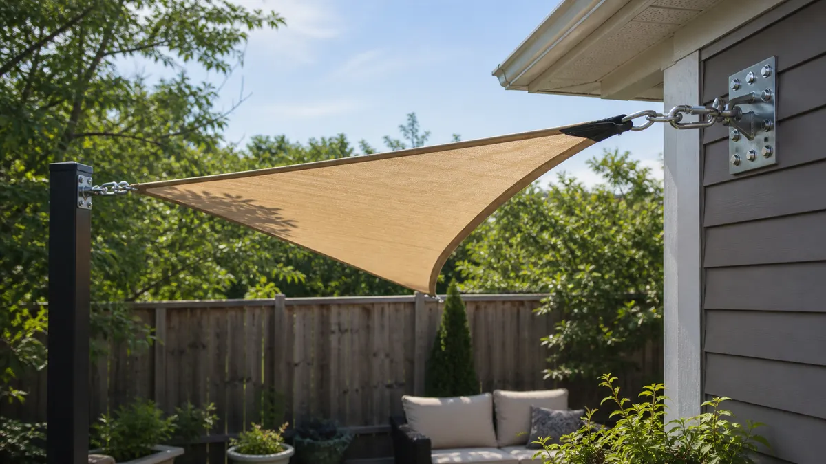 Shade sail stretched from a house wall toward outdoor posts over a patio.