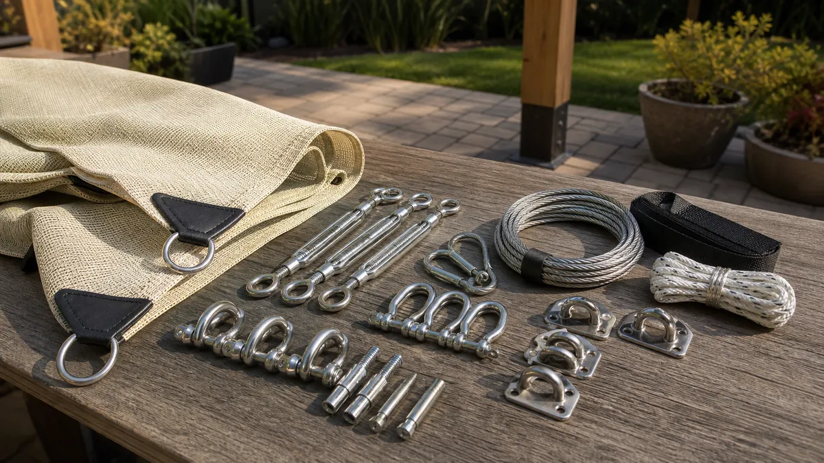Metal turnbuckles and hook hardware similar to parts used in shade sail fixing kits