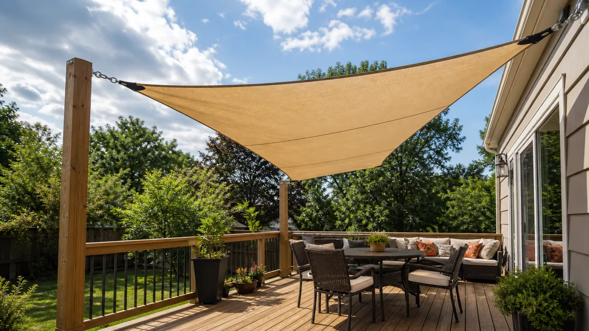 Raised deck with railing, stairs and shade sail canopy
