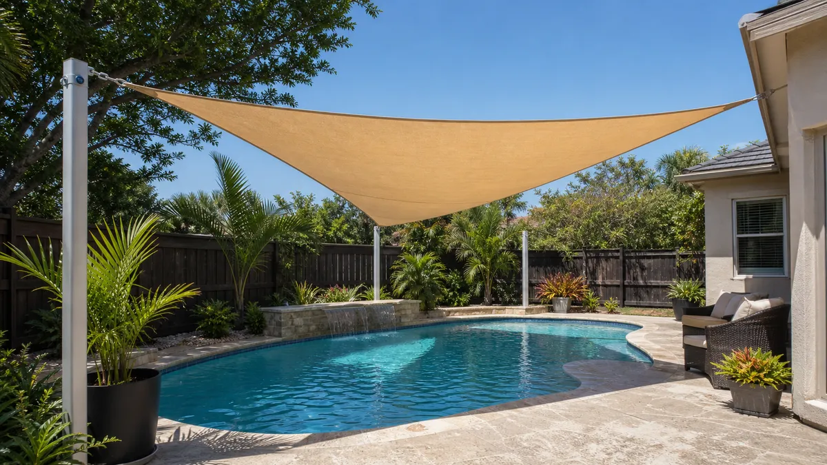 Swimming pool with overhead shade and clear deck space