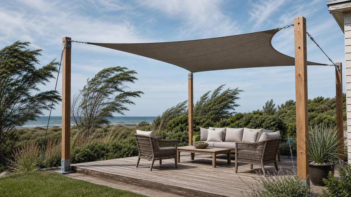 Patio shade fabric over an outdoor seating area near a house.