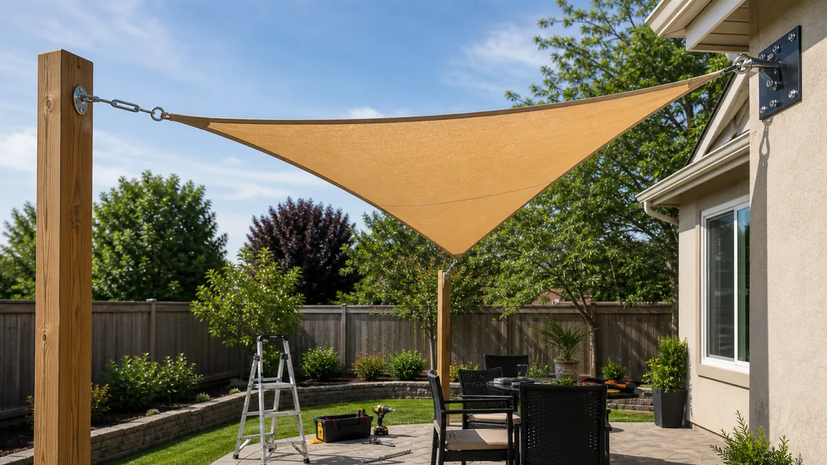 patio with shade sail fabric tensioned above an outdoor seating area