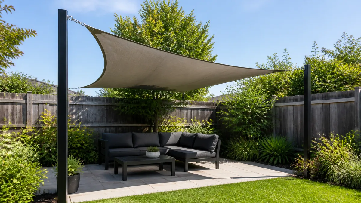 Shade sail structure with tensioned fabric panels attached to tall posts