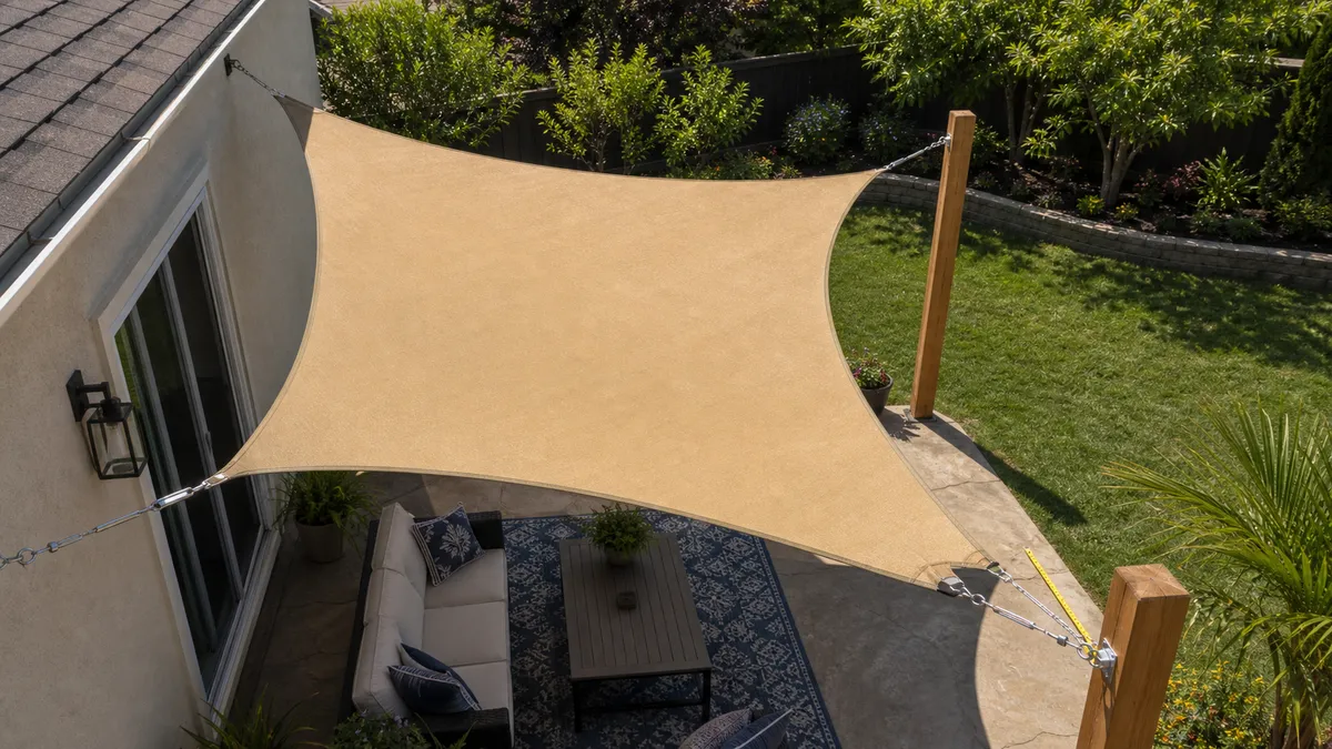 shade sail stretched above an outdoor patio seating area