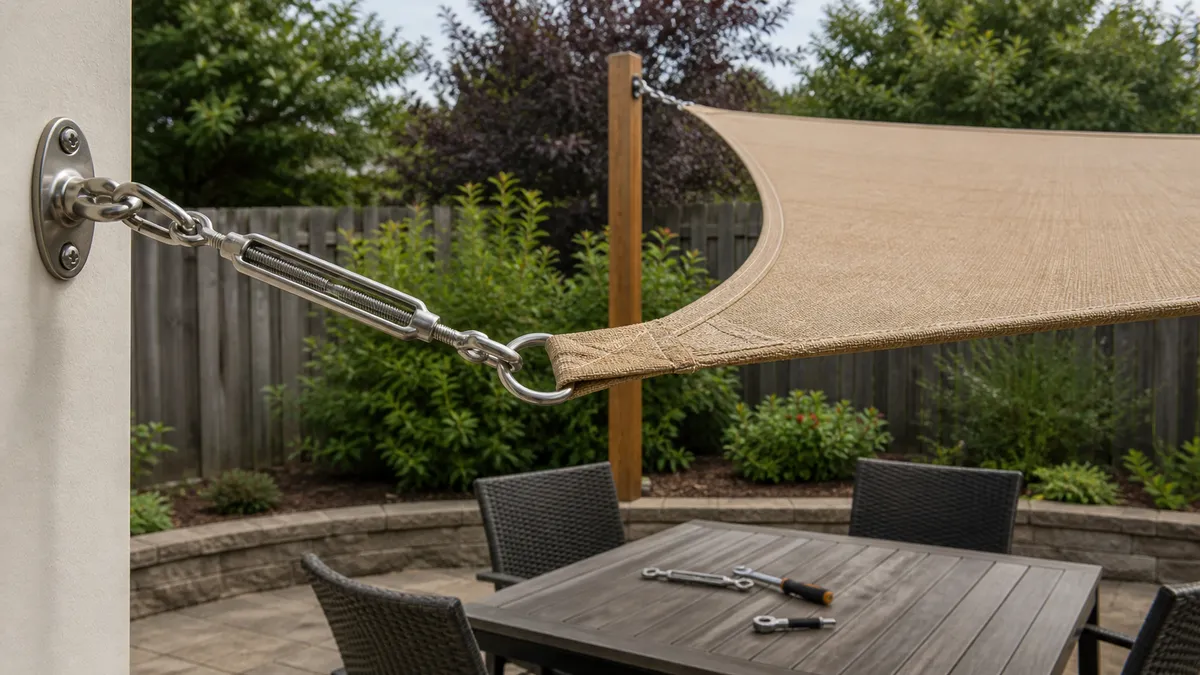 shade sail stretched from a wall plate toward outdoor posts above a patio