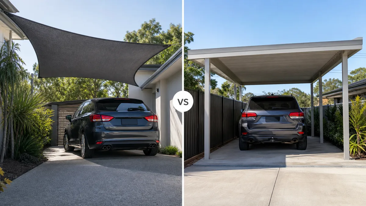 Cars parked under a modern carport, illustrating roof-like vehicle protection compared with a driveway shade sail
