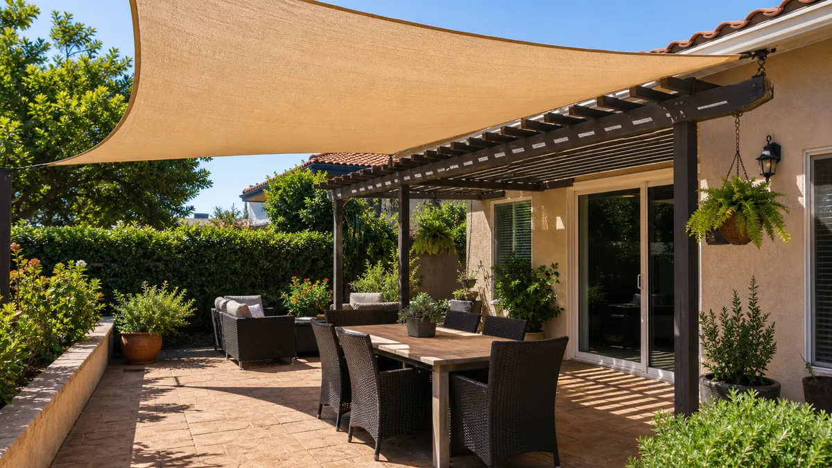 Bright patio seating shaded by a retractable awning with exposed paving in sun.