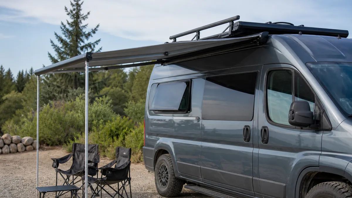Camper van parked with a side awning open beside the sliding door.