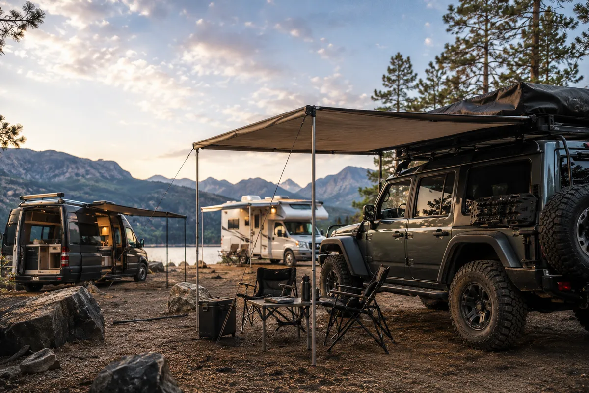 Campervan parked with a deployed side awning, outdoor chair and table.