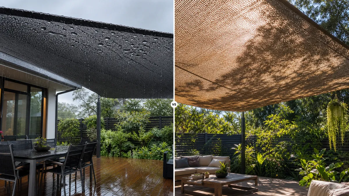 Outdoor patio shade fabric over a seating area.