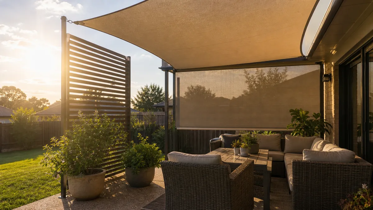 Patio beside a house with low late-day sunlight reaching in from the side.